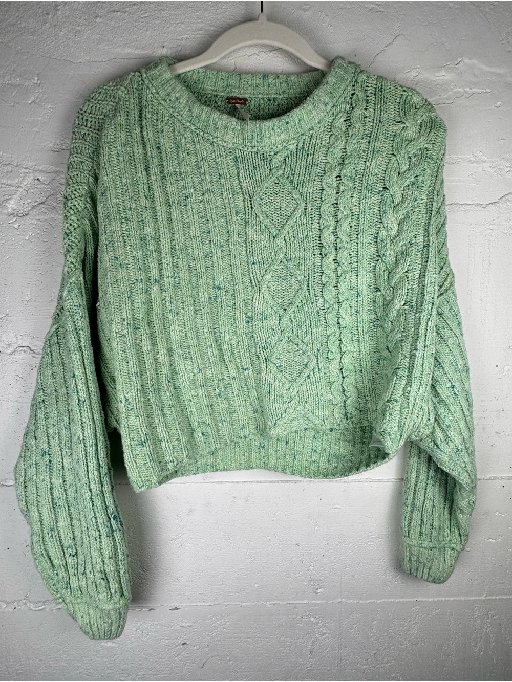 Free People On Your Side Pullover Mint Green Cable Knit Cropped Sweater XS Crop